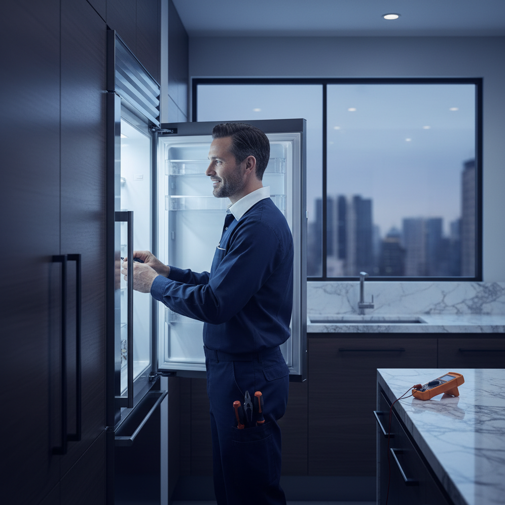 Professional repair technician working on a built-in appliance